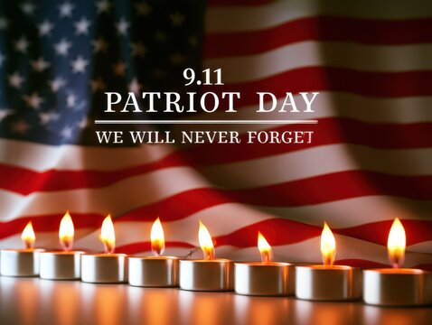 Patriot day tribute with lit candles and american flag background
