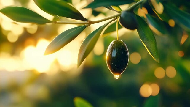 Olive oil droplet falling from ripe olive at sunset, copy space