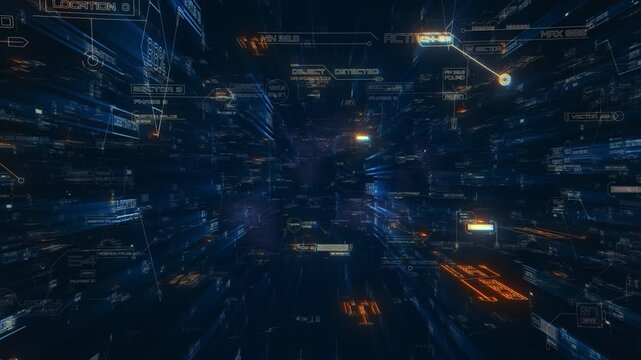 Futuristic digital data stream tunnel with high tech heads up display and cyber security interface.