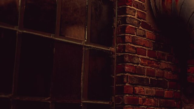 A dark room shows a window with several glass panes. The surrounding brick wall has an old look. The light is dim and creates strong shadows.