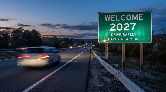 Welcome 2027 Drive Safely Happy New Year highway sign at dusk with car motion blur 