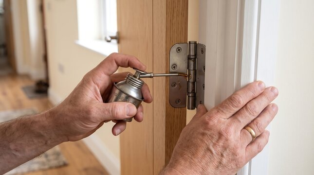A person applying lubricant to a squeaky door hinge to improve movement and reduce noise in the home
