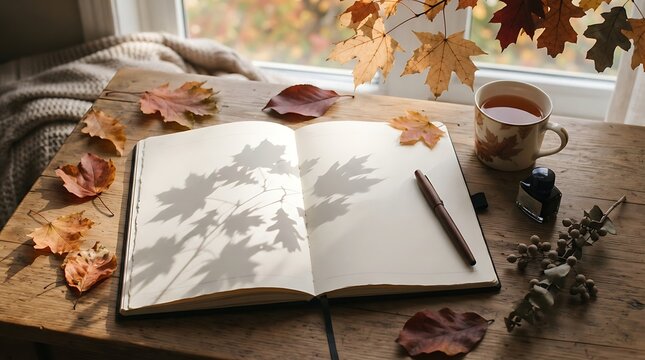 Autumn notebook with tea and falling leaves by window warm light