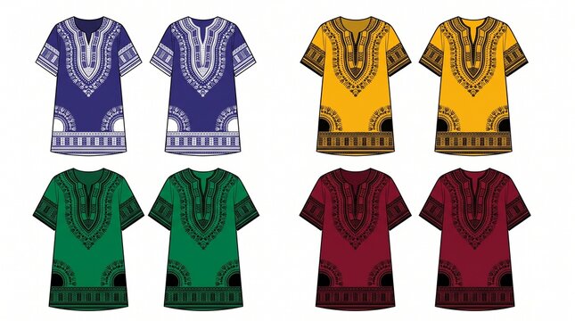 Dashiki Dress Collection Front and Back View in Different Colors Isolated on White Background