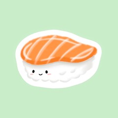 Watercolor illustration of a cute kawaii salmon nigiri sushi for stickers, restaurant menus, children’s products and Japanese cuisine branding.