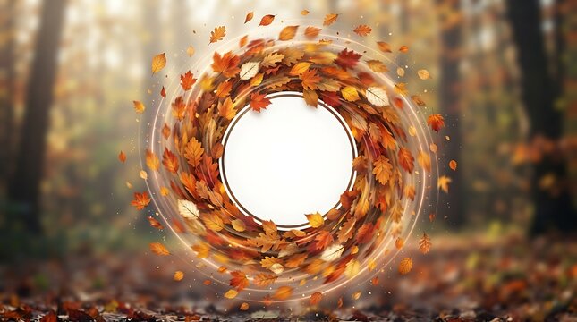 Autumn leaves swirling in a vortex around a central circle with copy space