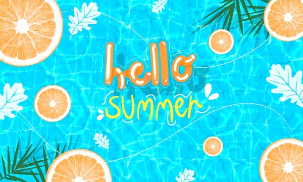 Summer greeting card illustration featuring tropical pool water, citrus fruits and palm leaves for invitations, social media and seasonal promotions.
