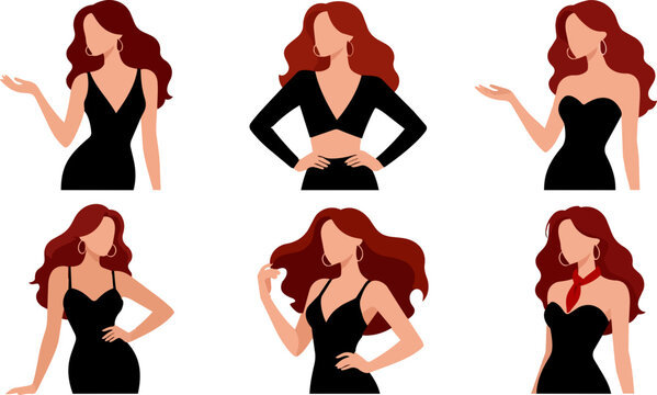 Elegant woman in black dress vector set, stylish female character with red hair in various poses, flat fashion illustration collection