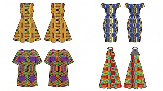 Kente Dress Collection Front and Back View in Different Colors Isolated on White Background