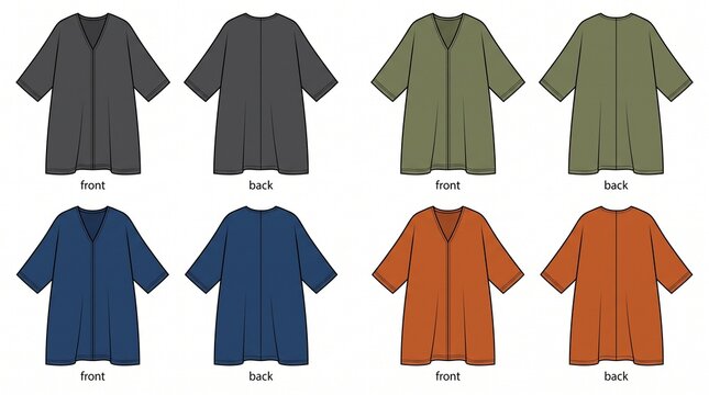 Boubou dress collection flat drawing set front and back view multicolor modern style isolated on white background