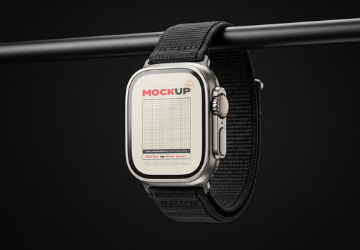 Smartwatch Screen Mockup Hanging from Metal Bar