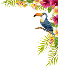 Obraz premium Tropical flowers corner frame with toucan. Watercolor painting with Hibiscus flowers and palm leaves.
