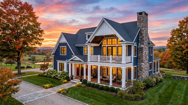 Luxury modern farmhouse at sunset, elegant blue suburban home with stone chimney, beautiful residential real estate property in autumn landscape