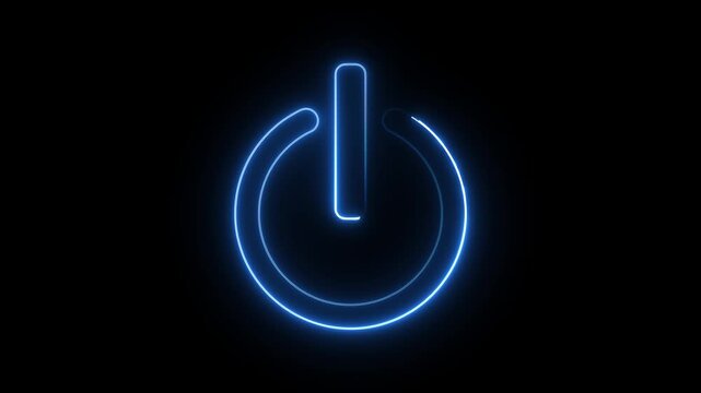 Glowing neon blue color power button icon animation technology shutdown screen turn on off button stop startup computer and mobile phone electric futuristic on black background	