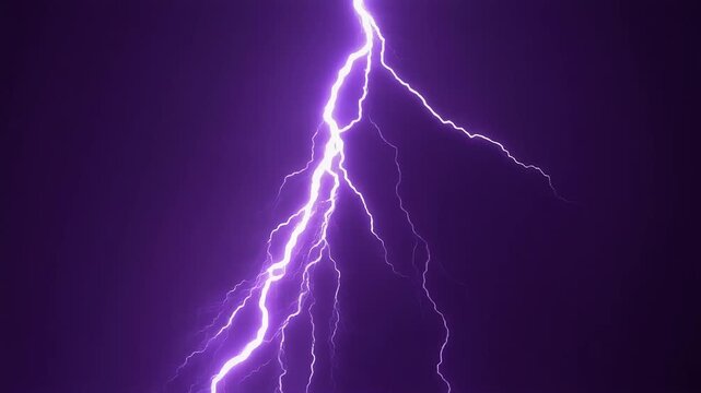 A bright purple lightning bolt strikes across a dark night sky during a thunderstorm.