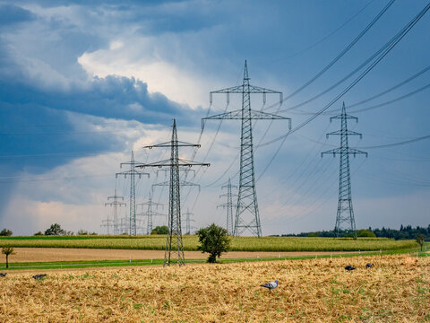 Hochspannungsmasten im Feld