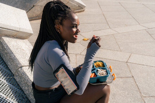 Eating Healthy Food Outdoors in the City During the Day