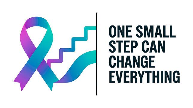 A colorful awareness ribbon with a staircase design and the inspirational text one small step can change everything on white background