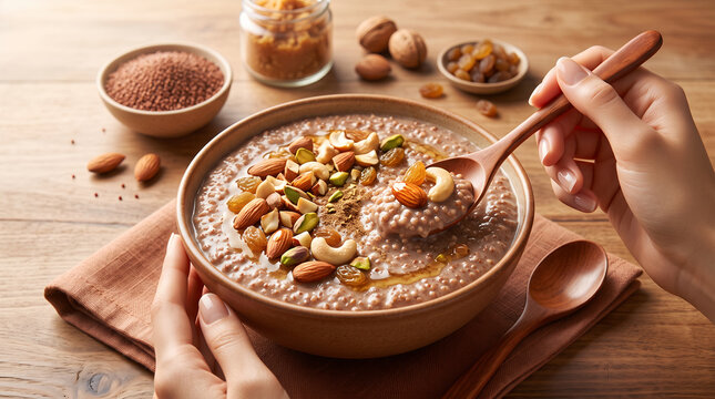 Ragi (Finger Millet) Porridge with Nuts &ndash; Creamy Traditional Indian Breakfast Bowl