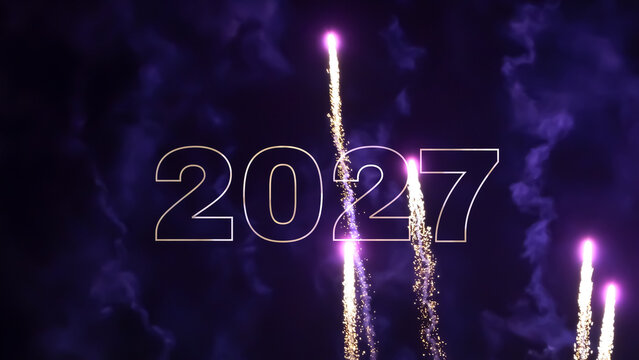 rising pink firework rockets isolated on 2027 year number with smoke on dark blue sky, greeting card for new years eve, holiday season or anniversary celebration