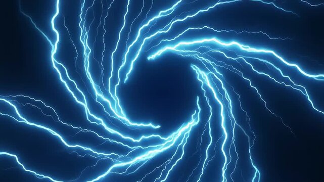Bright blue electrical lightning bolts swirl in a circular vortex against a dark.