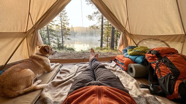 A person and their dog relax inside a tent, enjoying the serene misty lake view. It captures a peaceful outdoor lifestyle, adventure, and pet-friendly travel experience.