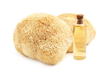 Functional mushrooms and oil isolated on white © New Africa