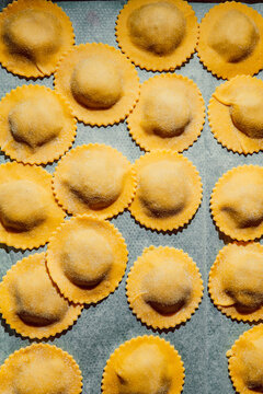 Fresh homemade ravioli pasta on a tray