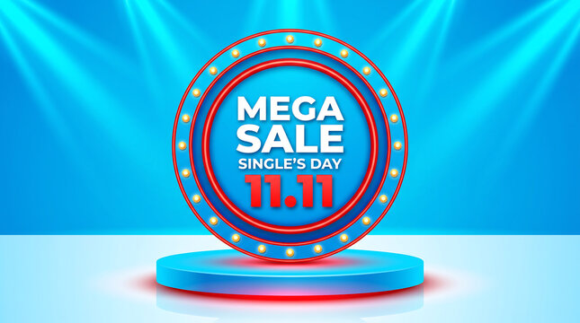 Mega sale 11.11 single day banner featuring a glowing circular neon frame on blue podium display