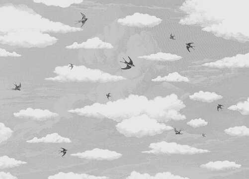 Vintage engraved swallows and clouds pattern background, antique sky illustration. Design for wallpaper, photo wallpaper, fresco, mural and other. 