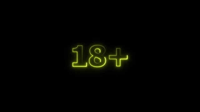 18+ age restriction neon sign glowing animation on black background
