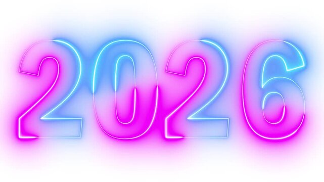 glowing neon pink and blue color new year 2026 number text icon animation season digit celebrate banner event wishes party anniversary on white background