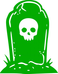 Green silhouette Halloween icon featuring a creepy graveyard tombstone headstone with a scary skull vector graphic design element for autumn holiday art