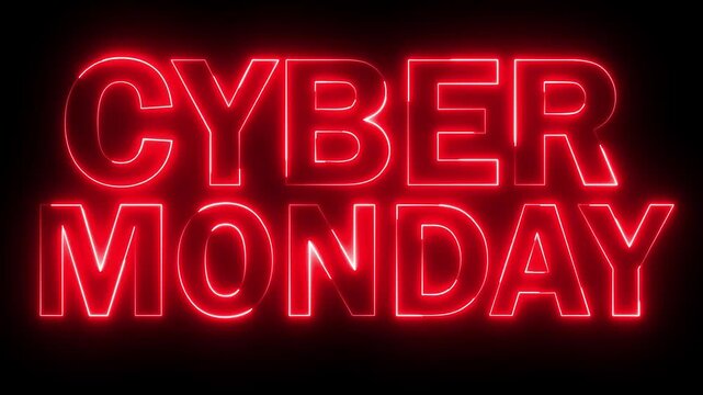 glowing neon red color CYBER MONDAY text icon animation  business poster template signboard alphabet font letter word banner sign symbol seamless light cyber effect footage on black background
