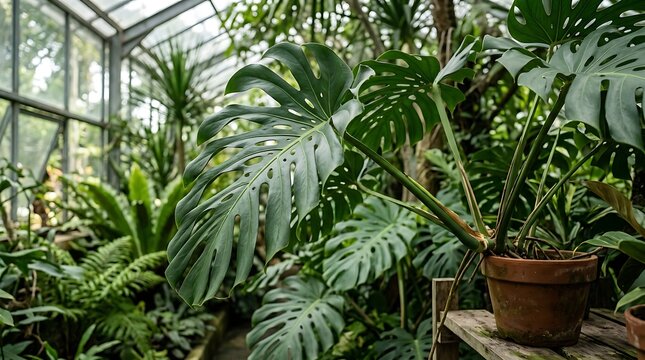 Lush Monstera plant in a sunlit glass greenhouse.