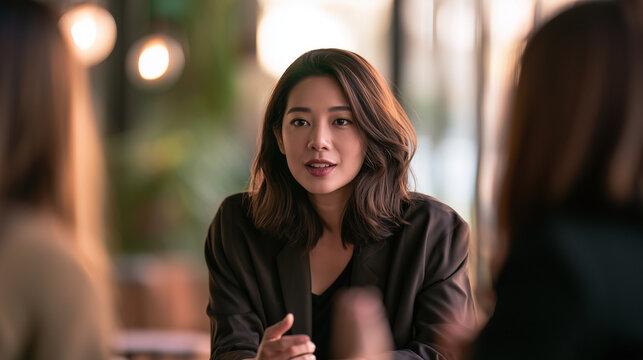 An Asian HR manager explaining a flexible work arrangement policy to an employee, waist-up shot, cozy office corner blurred, soft natural light, candid photography