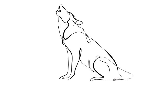 Minimalist wolf howling illustration white background.