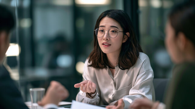 An Asian HR manager briefing a team lead on updated company policies, waist-up shot, documents on the table, glass office blurred, realistic candid photo