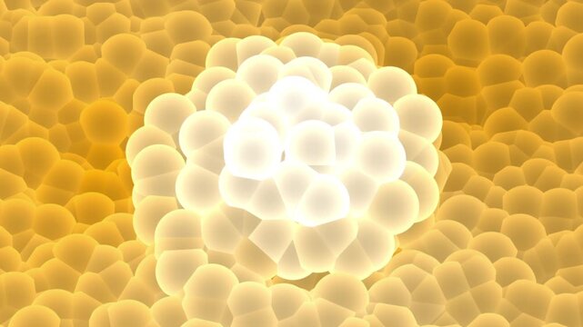 Glowing yellow cellular sphere cluster background. Abstract golden bio molecular sphere structure motion. Modern 3d biological cell development concept.