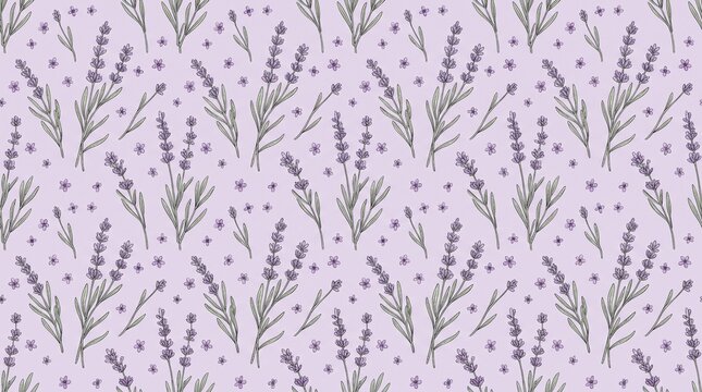 Seamless lavender floral pattern, delicate purple flowers with green stems, botanical illustration on light background, elegant design for textile, fabric, or wallpaper
