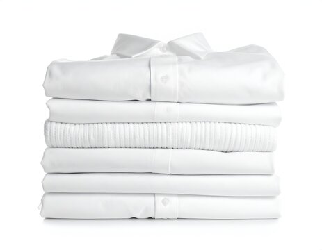 High stack of folded white cotton apparel.