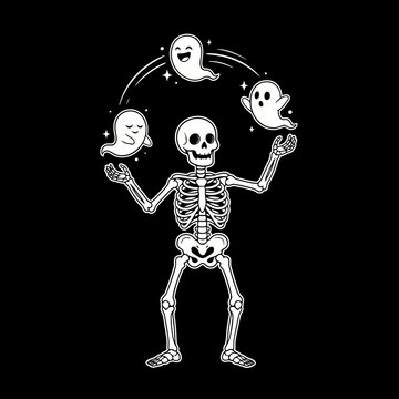 A skeleton juggles three smiling ghosts in a whimsical vector illustration anatomy