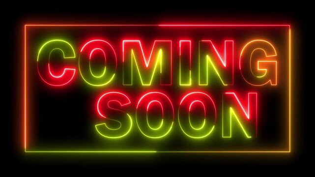 glowing neon red and yellow color COMING SOON text icon animation poster template signboard alphabet font letter word banner sign symbol seamless light cyber effect footage on black background