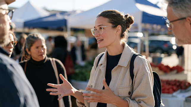 Sign language interpreter at a busy autumn street market interprets for a multicultural deaf community group, expressive hands captured mid-phrase, vibrant stall canopies and