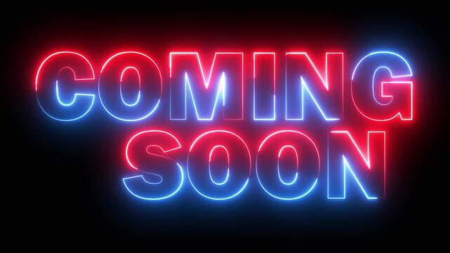 glowing neon red and blue color COMING SOON text icon animation  business poster template signboard alphabet font letter word banner sign symbol seamless light cyber effect footage on black background