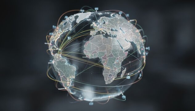 Medium shot of a glowing globe highlighting edge content delivery networks with data centers pinpointed main focus on network routes while surrounding area softly blurred.