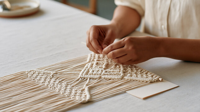 Net weaver's hands in a minimalist studio photograph, a single intricate macram&eacute; knot centered in frame against pale linen backdrop, an unsigned Valentine card tucked beneath the
