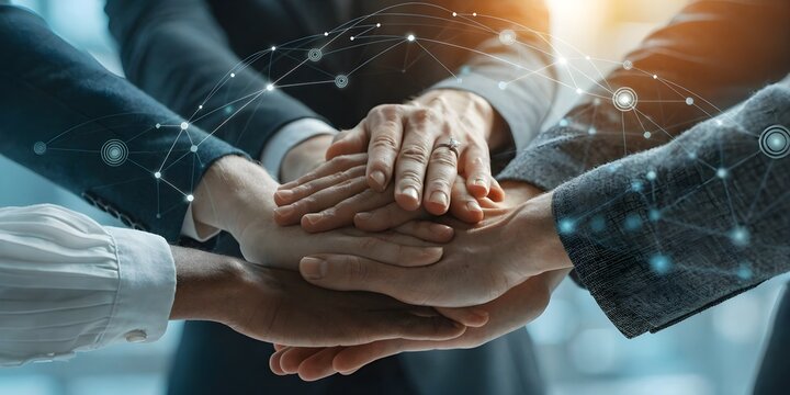 Diverse hands stacked together in a gesture of unity and connection