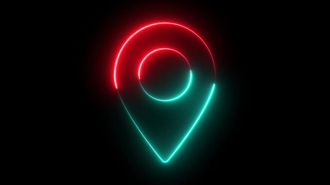Glowing neon red and blue color location map sign icon animation position tracking direction address tags journey place navigation icon sign symbol on black background	