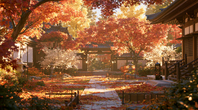 紅葉が美しい伝統的な日本の寺院の庭園